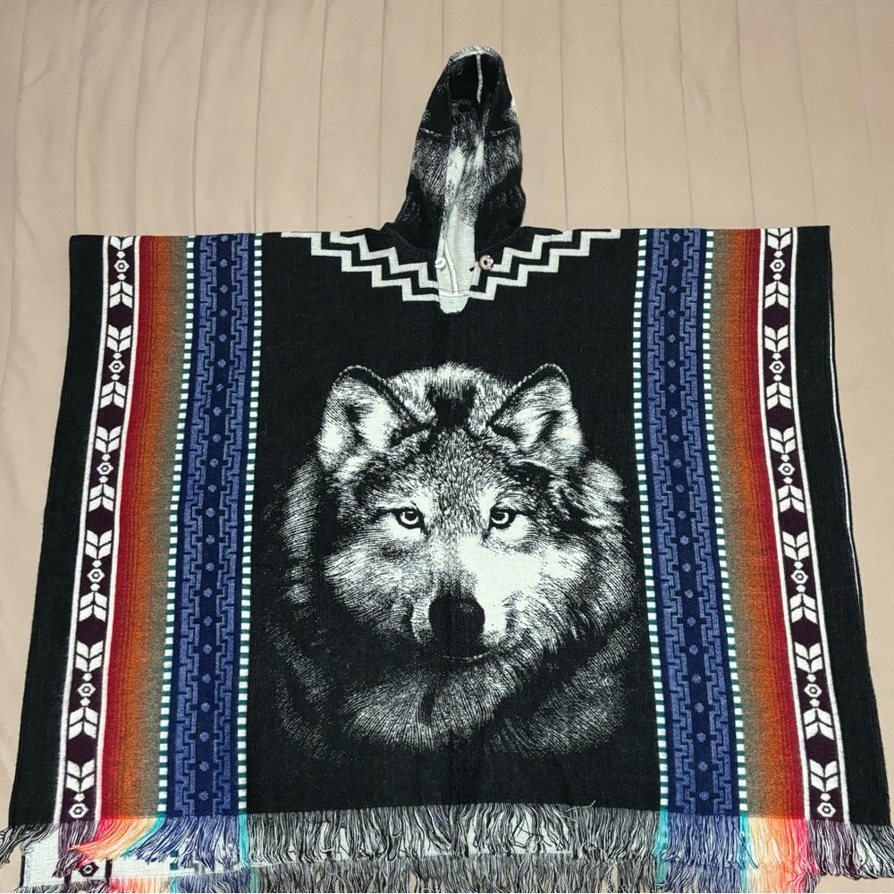 Men's Black Wolf Hooded Poncho